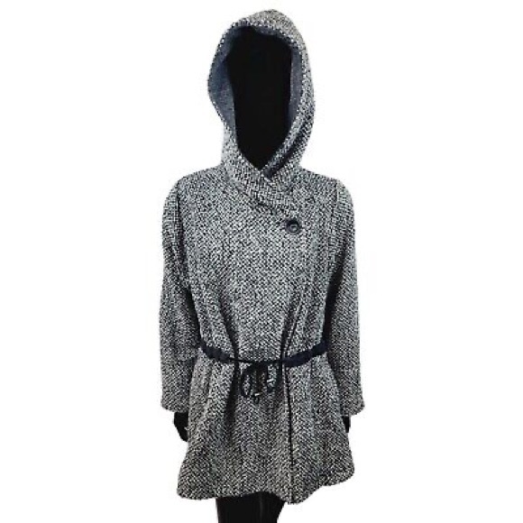 Free People Satelite Image Wool Blend Hooded Swing Coat Black White Size Small - Picture 7 of 7
